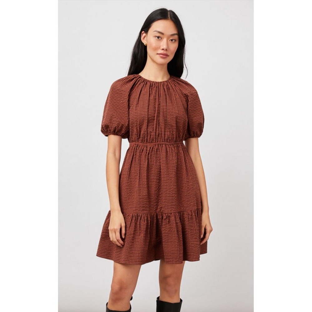 RAILS Khloe Dress Size S Brown Black Russet Gingham Mini Puff Sleeve